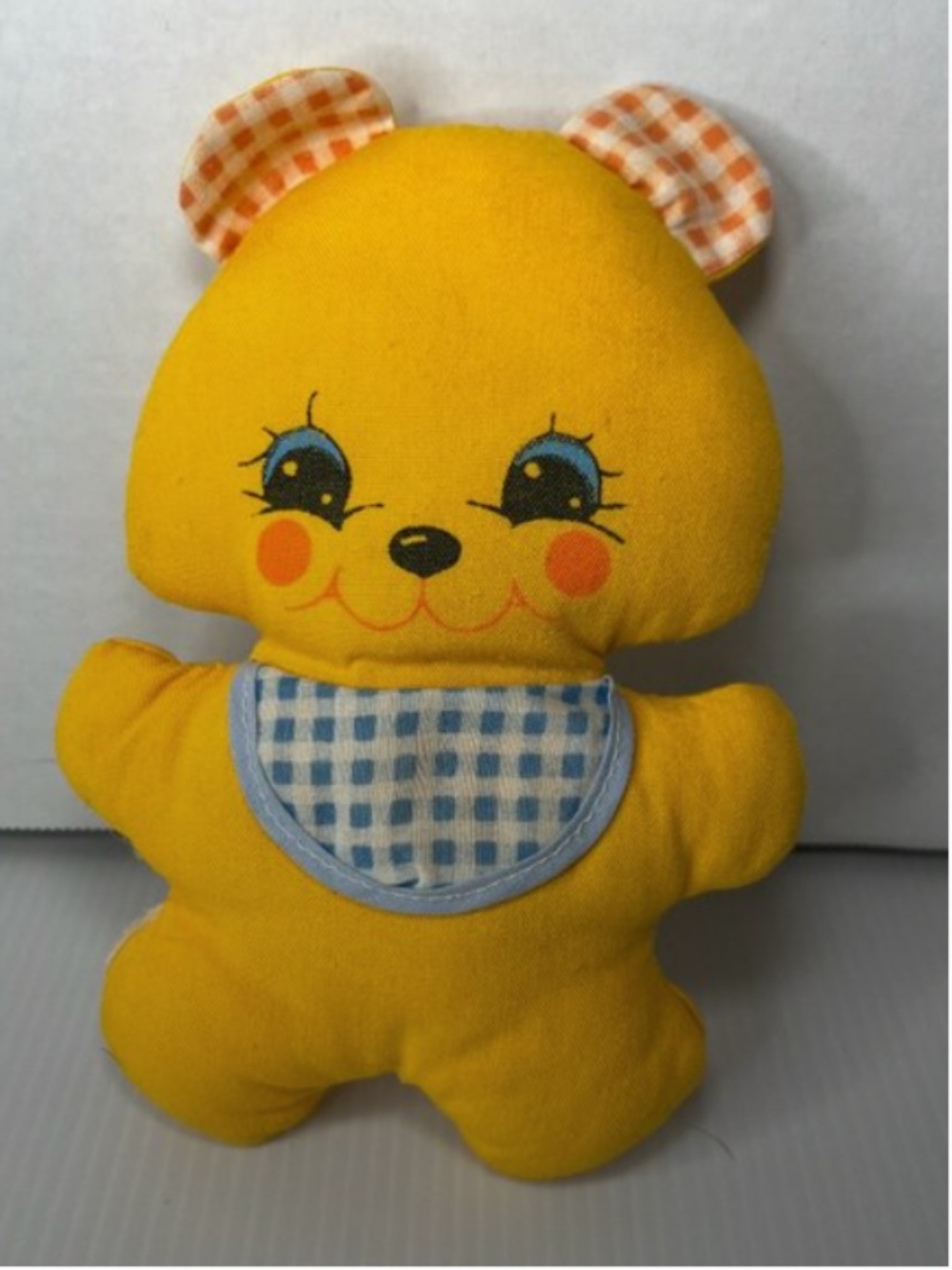 Vintage Orange/Yellow Bear Rattle Plush 8" Blue Bib Pink Ears checkered RARE